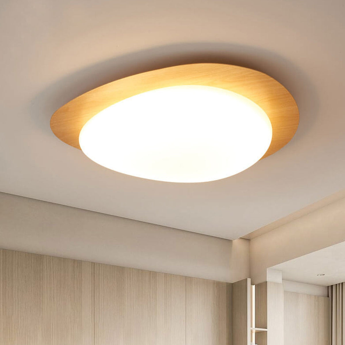 LED plafondlamp met houtafwerking ovaal Scandinavisch design dimbaar warm neutraal koel licht woonkamer | Sulvida