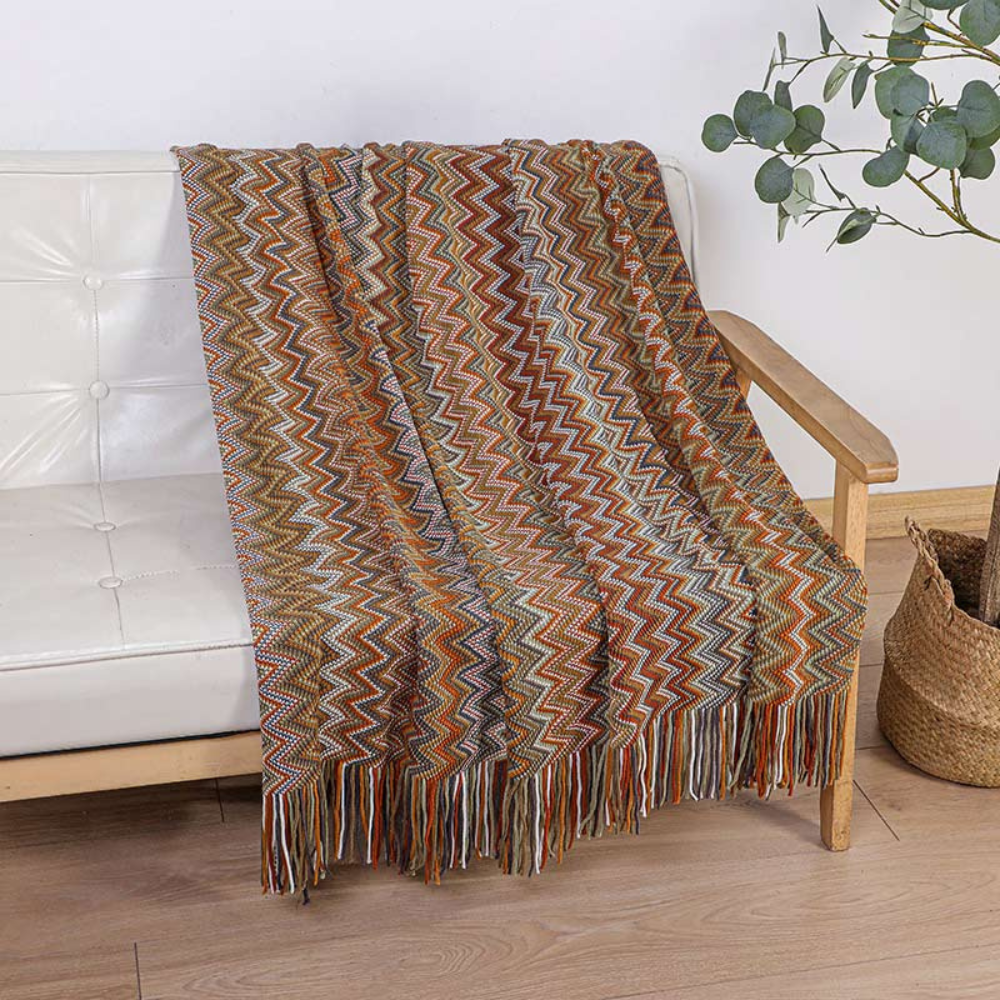 Gebreide plaid met zigzag patroon en franje meerkleurig zacht acryl voor bank bed en decoratie woonkamer | Sulvida