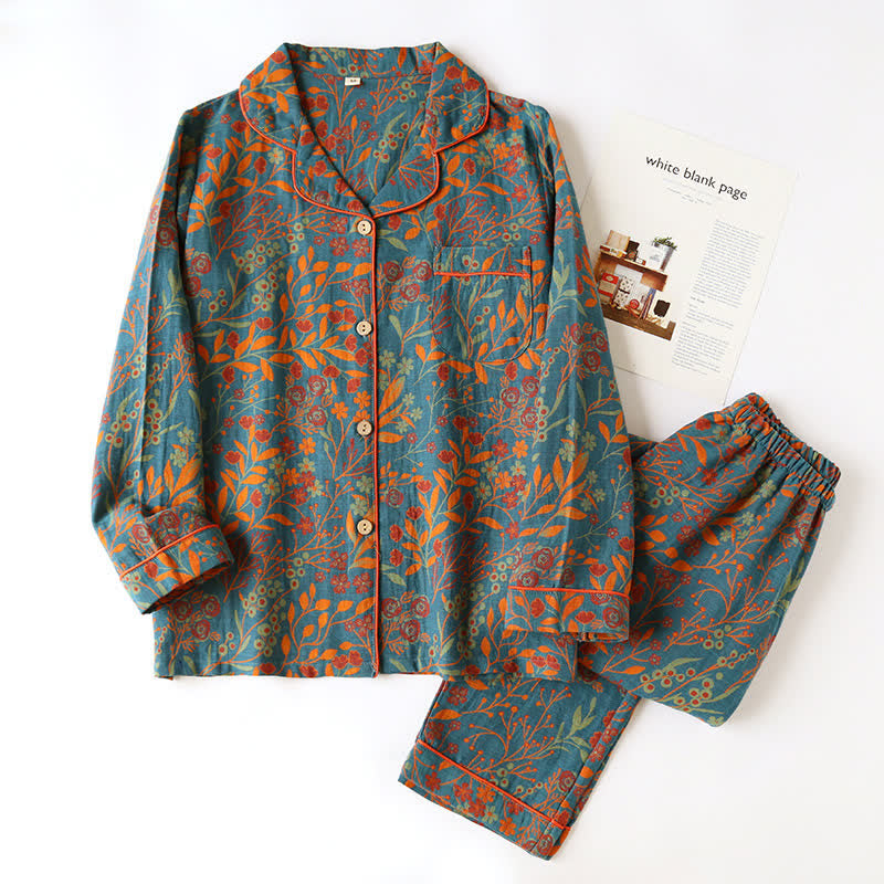 Vintage Loungewear Set met Blaaddessin - Katoenen Pyjama met Klassiek Jacquardpatroon voor Dames en Heren - Comfortabele Homewear | Sulvida