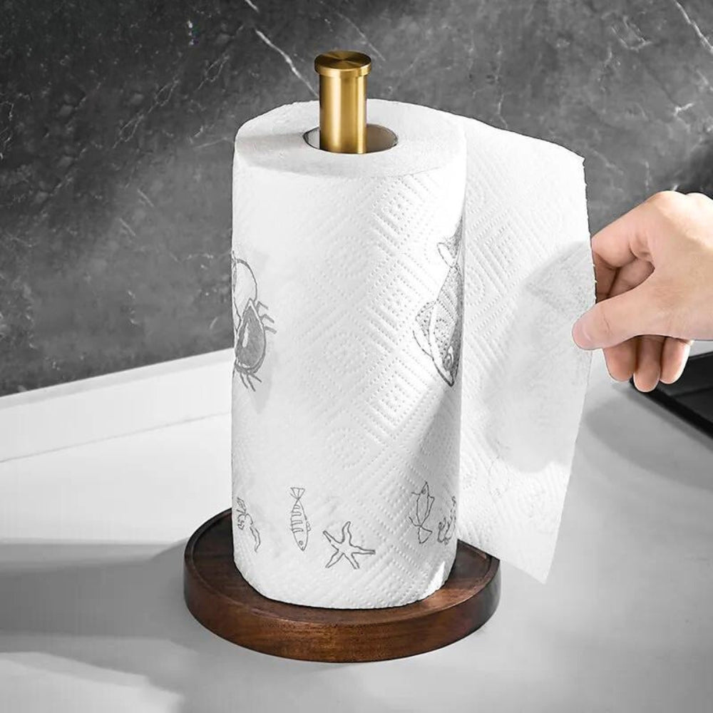 Keukenrolhouder Notenhout Geborsteld Messing Staand Design Handdoekhouder Keukenaccessoire Luxe Keuken | Sulvida