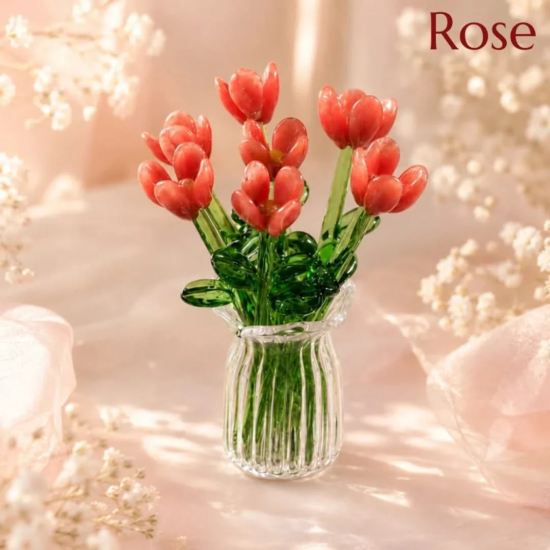 Glazen Bloemenboeket Decoratie 7 Bloemvormen Tulpen Set Handgemaakt Vaasje Pastelkleuren Tafelaccessoire | Sulvida