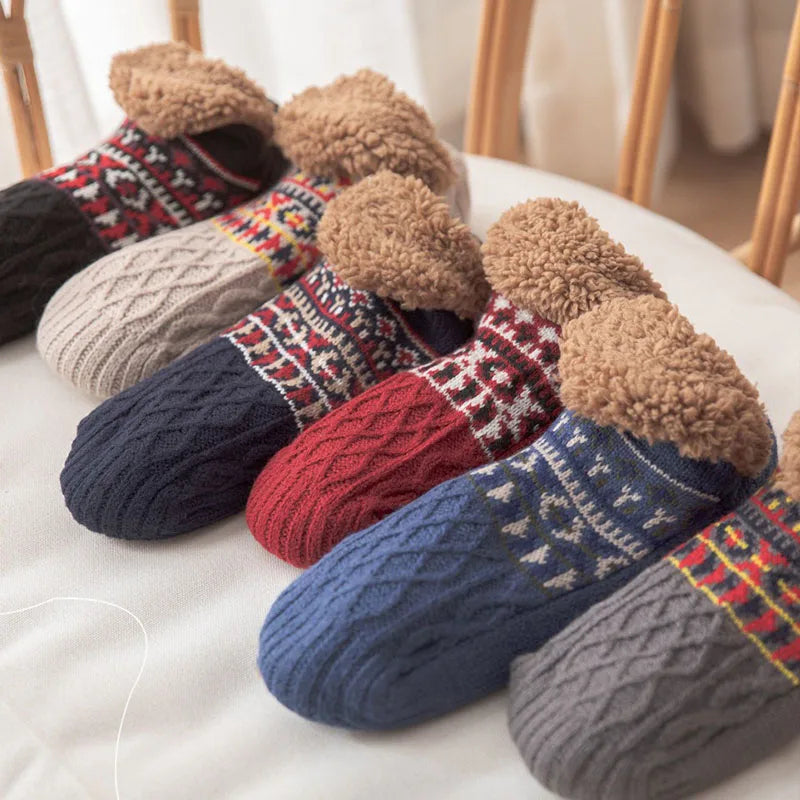 Warme Wintersokken met Sneeuwpatroon – Pluche Voering Antislip – Unisex Huissokken Dik Gevoerd Behaaglijk | Sulvida