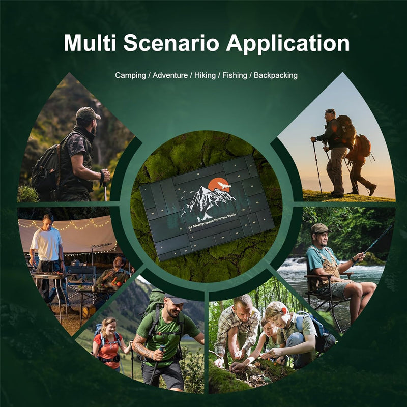 Calendrier de l’Avent kit de survie 24 cases, outils de plein air, équipement de bushcraft et de camping, cadeau de survie en pleine nature | Sulvida