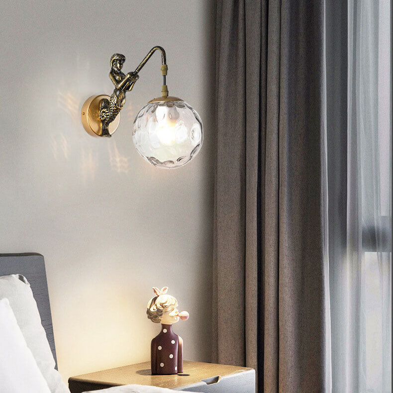 Retro Wandlamp Zeemeermin met Glazen Bol Zwart Goud Brons Landelijke Stijl Vintage Sfeerlicht Verlichting | Sulvida