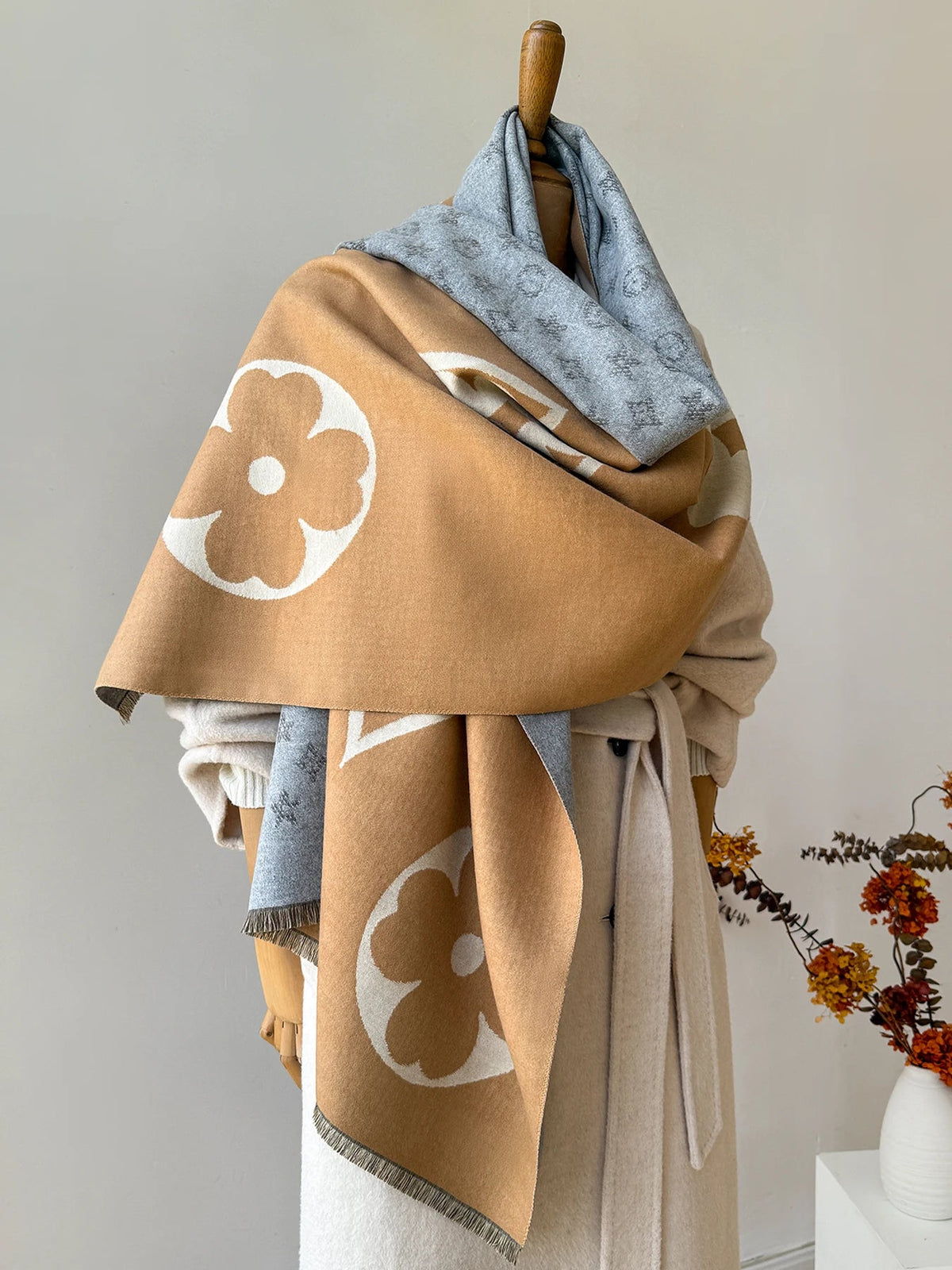 Sjaal Imitatie-Kasjmier Winter Heren Dames Jacquard Patroon Kaki Kameel Koffie 175 cm Warme Halsdoek Wintersjaal | Sulvida