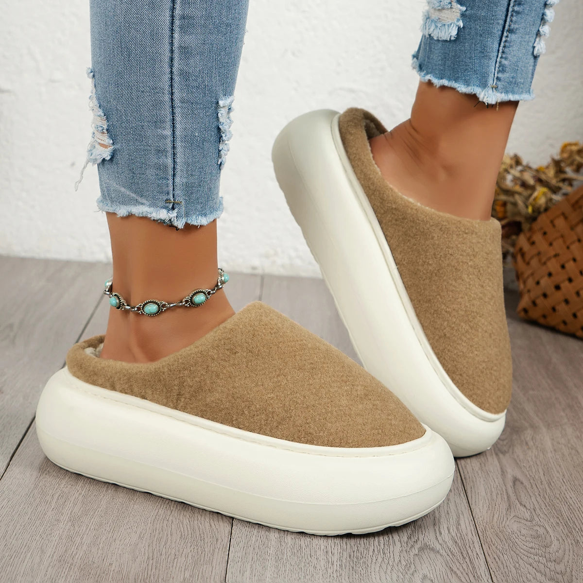 Pluche Dames Pantoffels Warm Winter Binnenhuis Slippers Comfortabel Antislip Zool Beige Bruin Huisschoenen | Sulvida