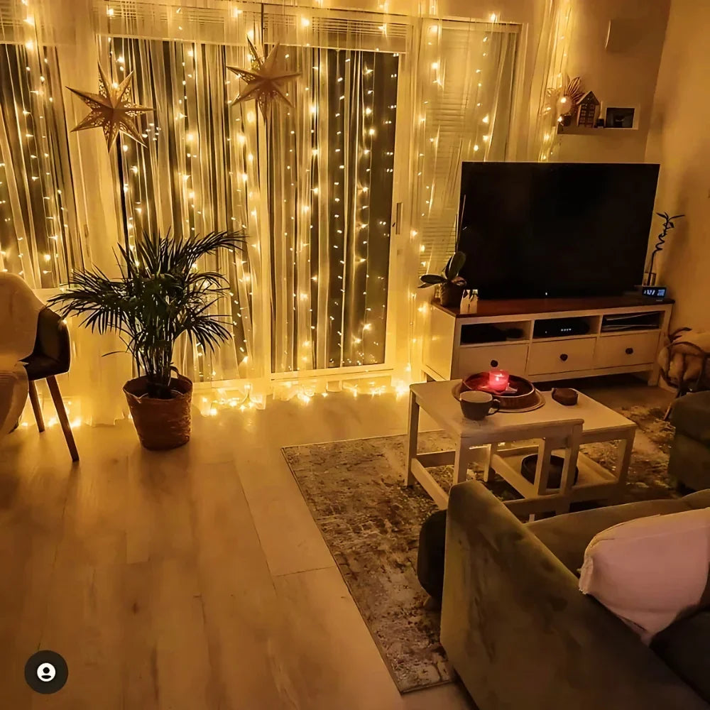 LED Lichtgordijn Warm Wit 300 LEDs 3x3 meter met 8 verlichtingsmodi voor binnen en buiten sfeerverlichting tuin balkon terras kerstdecoratie feestverlichting waterbestendig USB-voeding | Sulvida