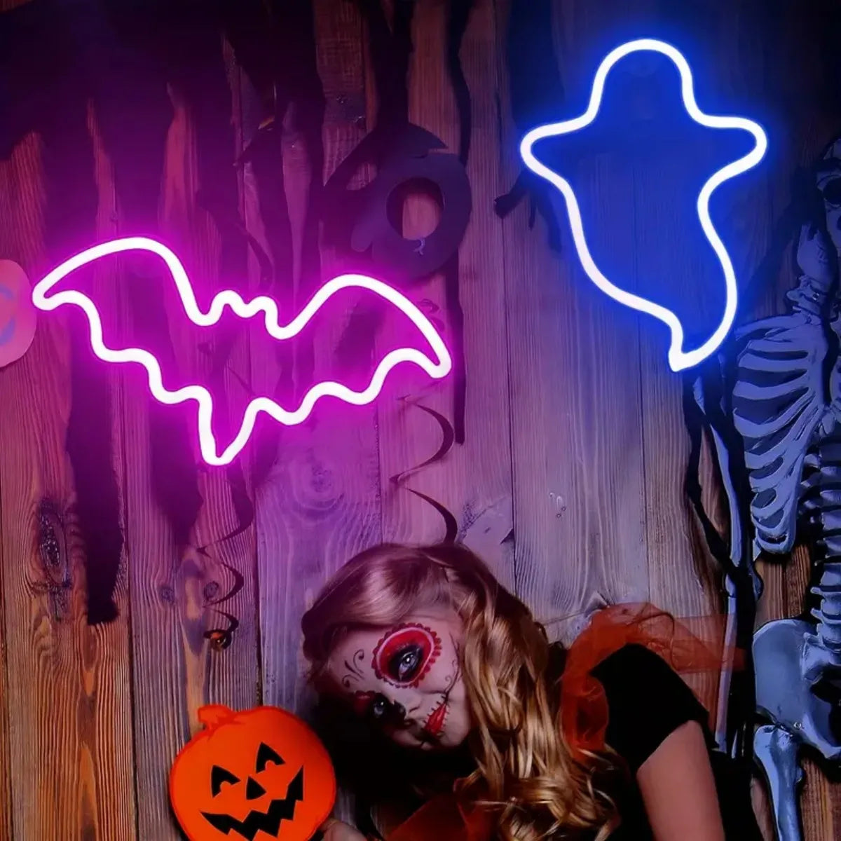 LED Neonlamp Vleermuis en Spook – Feestelijke Tafellamp voor Halloween en Themadecoratie Binnen Buiten | Sulvida
