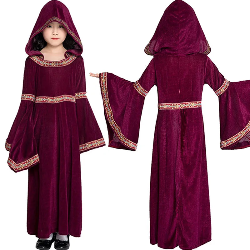 Gotische Fluwelen Vampierjurk met Capuchon Wijd Uitlopende Mouwen Middeleeuws Fantasy Kostuum Verkleedkleding | Sulvida