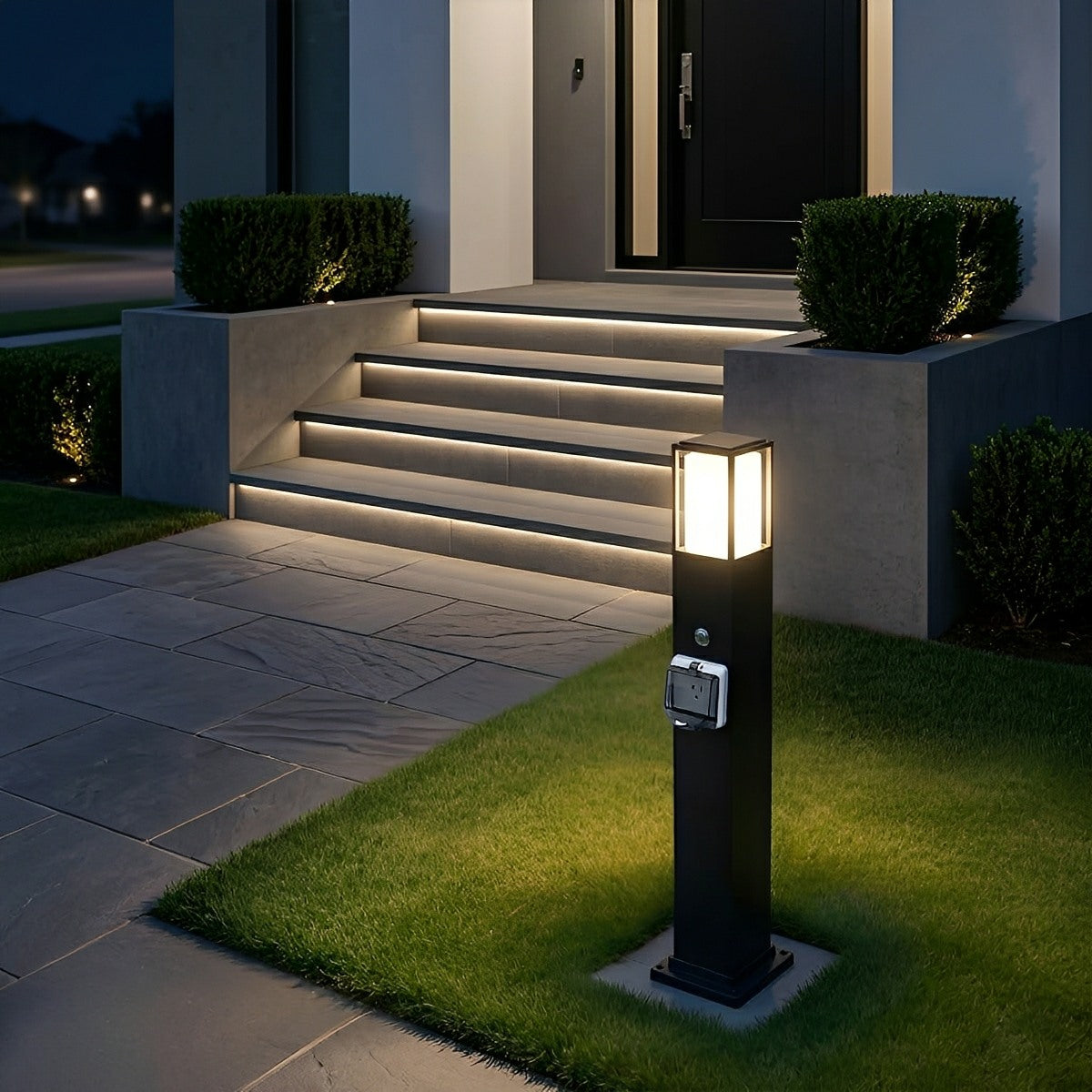 Sokkellamp buiten zwart met stopcontact IP67 waterdicht tuinverlichting padverlichting voor tuin terras en erf | Sulvida