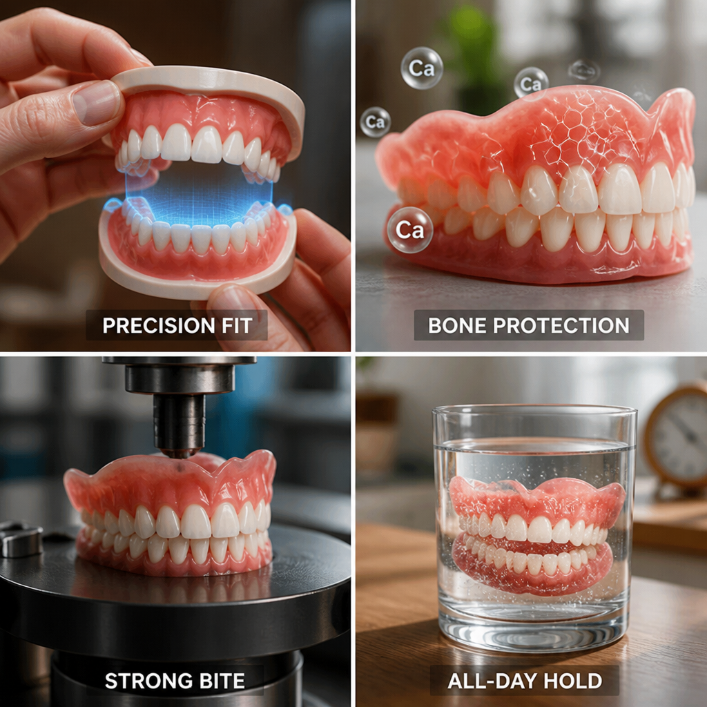 Dentier entièrement ajustable avec adhérence 12 heures et soutien de la mâchoire pour un sourire naturel et un confort optimal | Sulvida