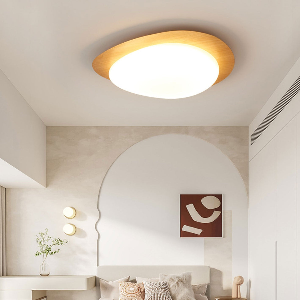 LED plafondlamp met houtafwerking ovaal Scandinavisch design dimbaar warm neutraal koel licht woonkamer | Sulvida