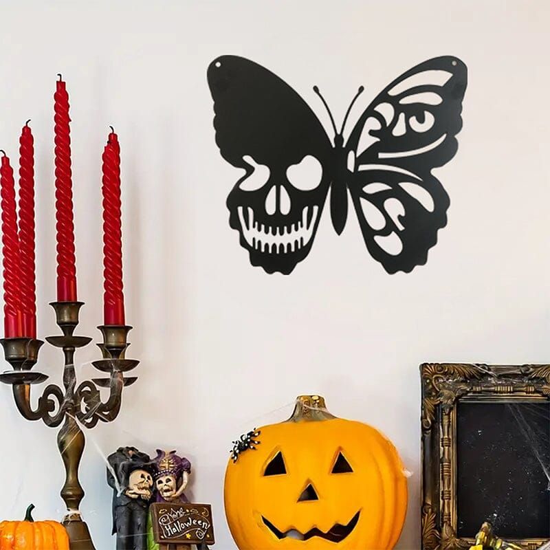 Metalen Vlinder Schedel Wanddecoratie Gothic Design Kunstwerk Interieur Woonkamer Kantoor Zwart Muurdecoratie | Sulvida