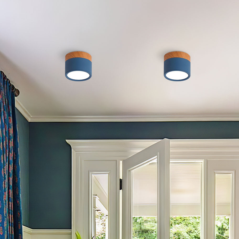 Compacte plafondspot aluminium hout rond warm wit LED verlichting hal woonkamer eetkamer modern Scandinavisch | Sulvida