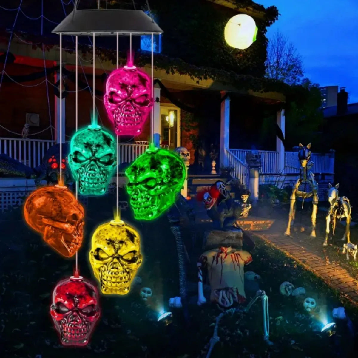 Zonne-energie Windgong met Schedels – 6 Kleurwisselende LED Lampjes voor Tuin Terras en Balkon Decoratie | Sulvida