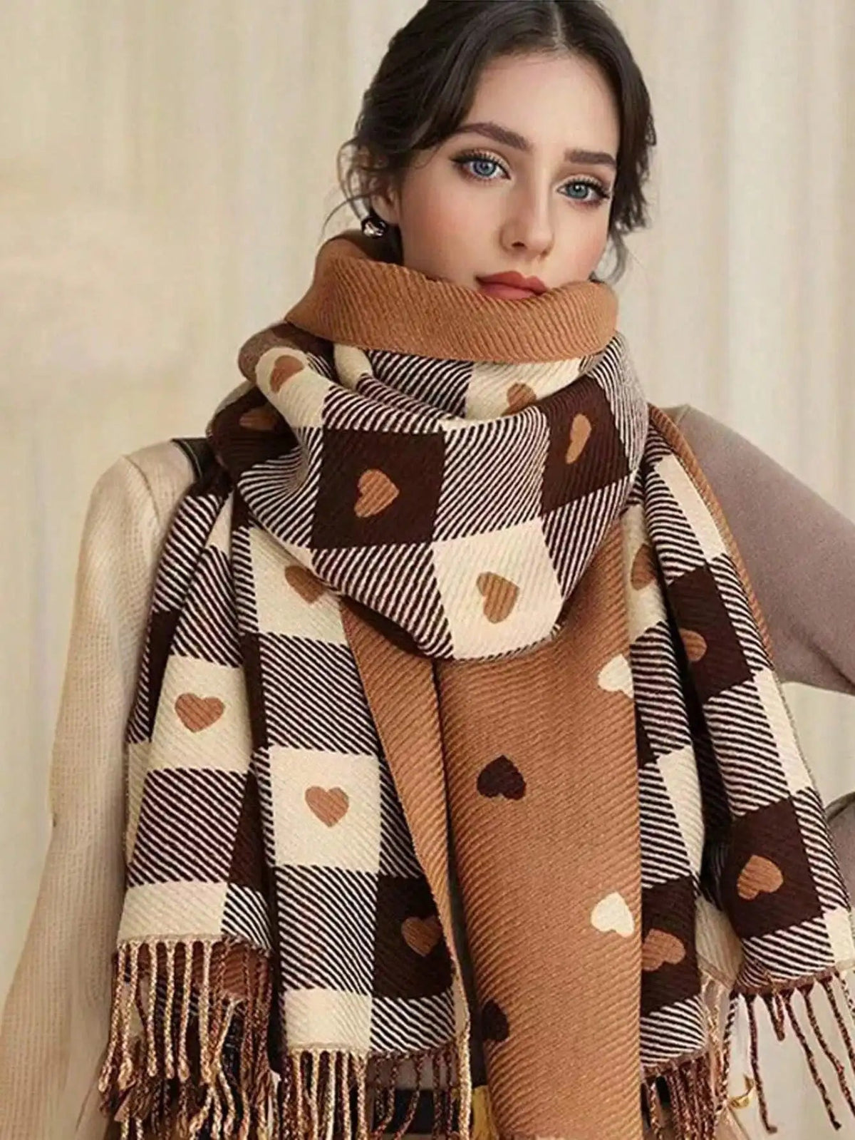 Geruit Wintersjaal Roze Bruin Blauw Hart Checkered Patroon Shawl Omslagdoek Dames Mode Accessoire Warm | Sulvida