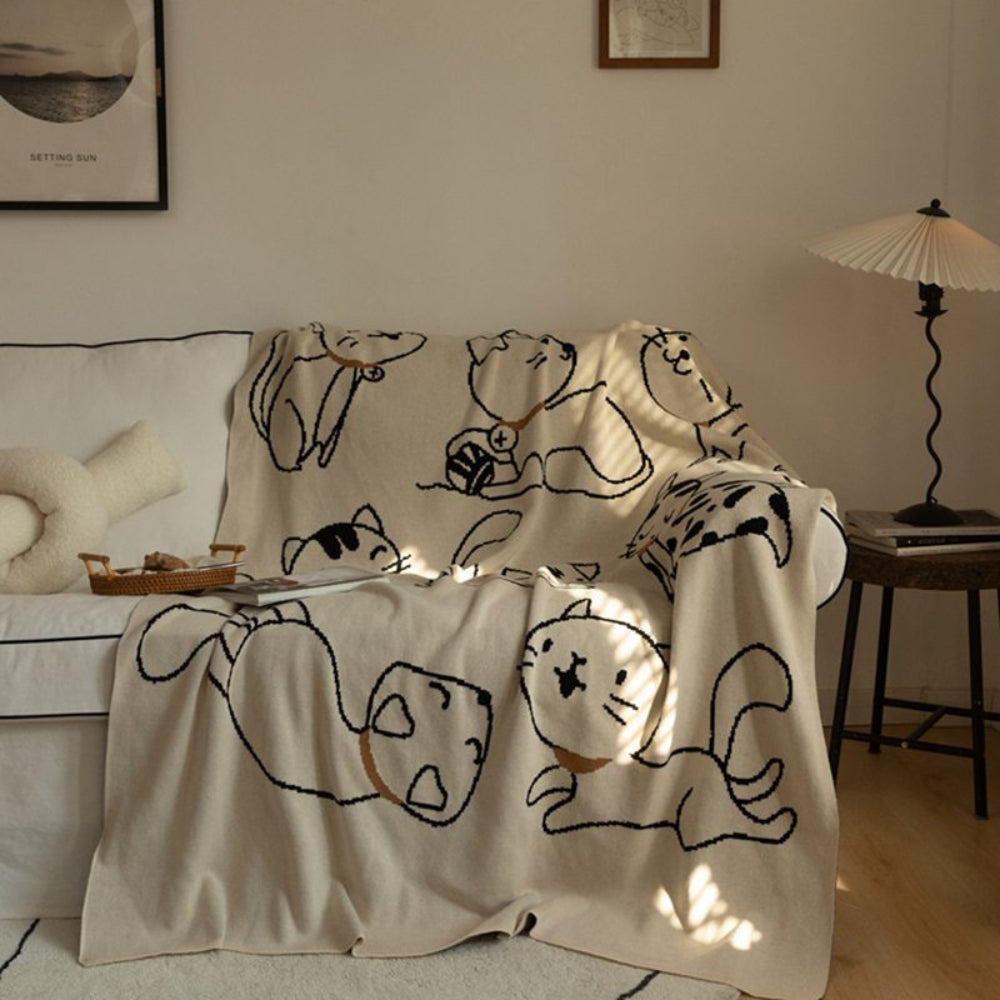 Katoenen Deken met Jacquard Kattenpatroon 130x170cm Zacht Ademend Pluisvrij Woonplaid Bankdeken Decoratief | Sulvida