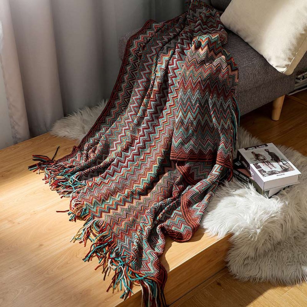 Gebreide plaid met zigzag patroon en franje meerkleurig zacht acryl voor bank bed en decoratie woonkamer | Sulvida