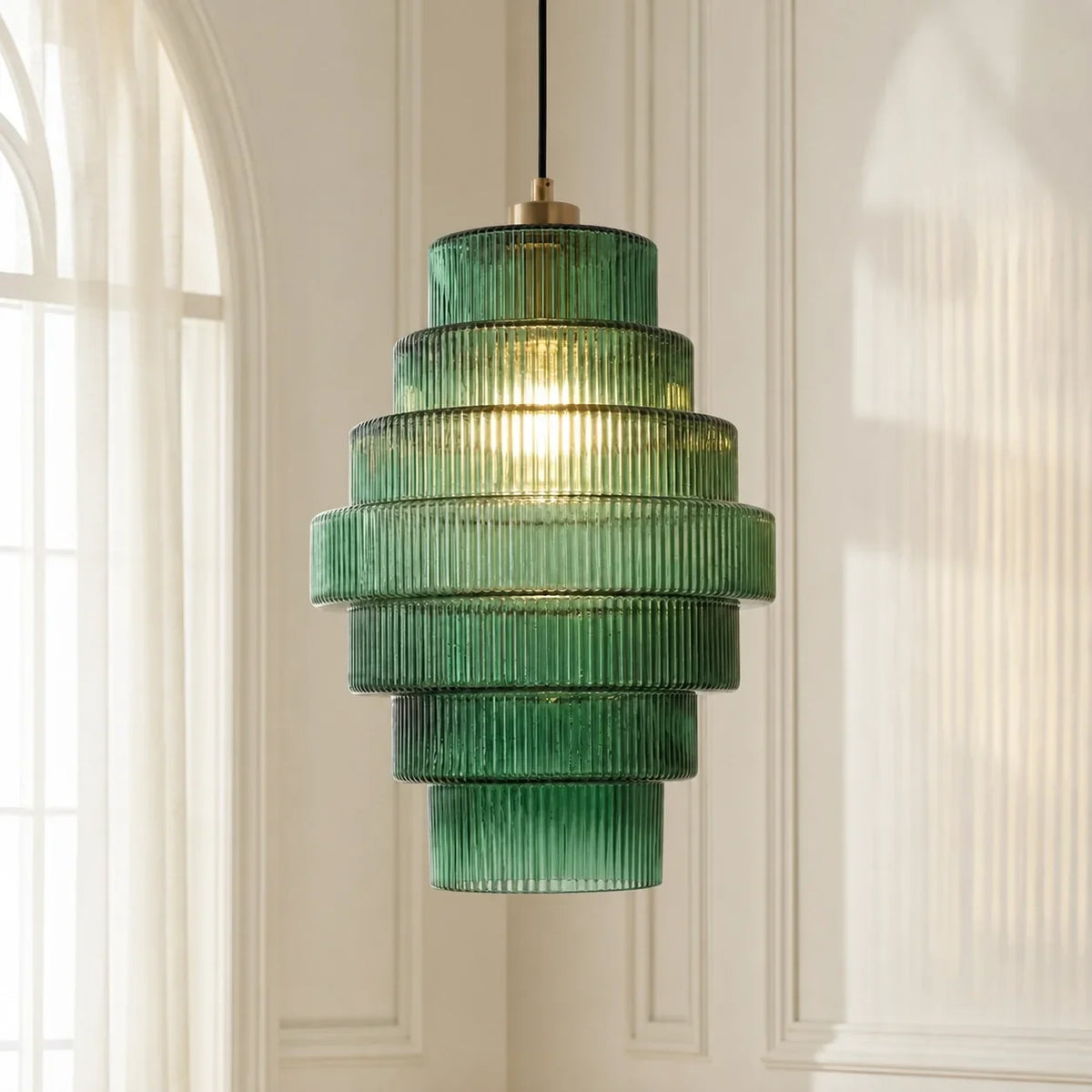Geribbelde glazen hanglamp gelaagd flessendesign Art Deco vintage eetkamer keuken woonkamer slaapkamer | Sulvida