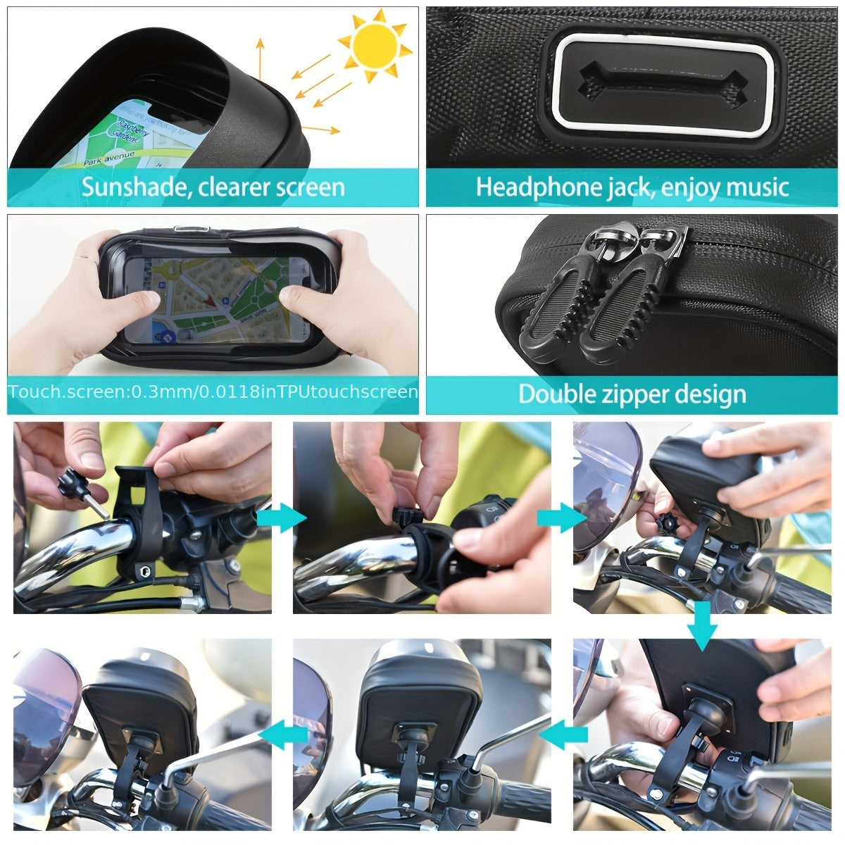 Waterdichte Telefoonhouder voor Fiets en Motor met 360° Draaibare Montage en Transparante Beschermhoes voor Smartphones | Sulvida