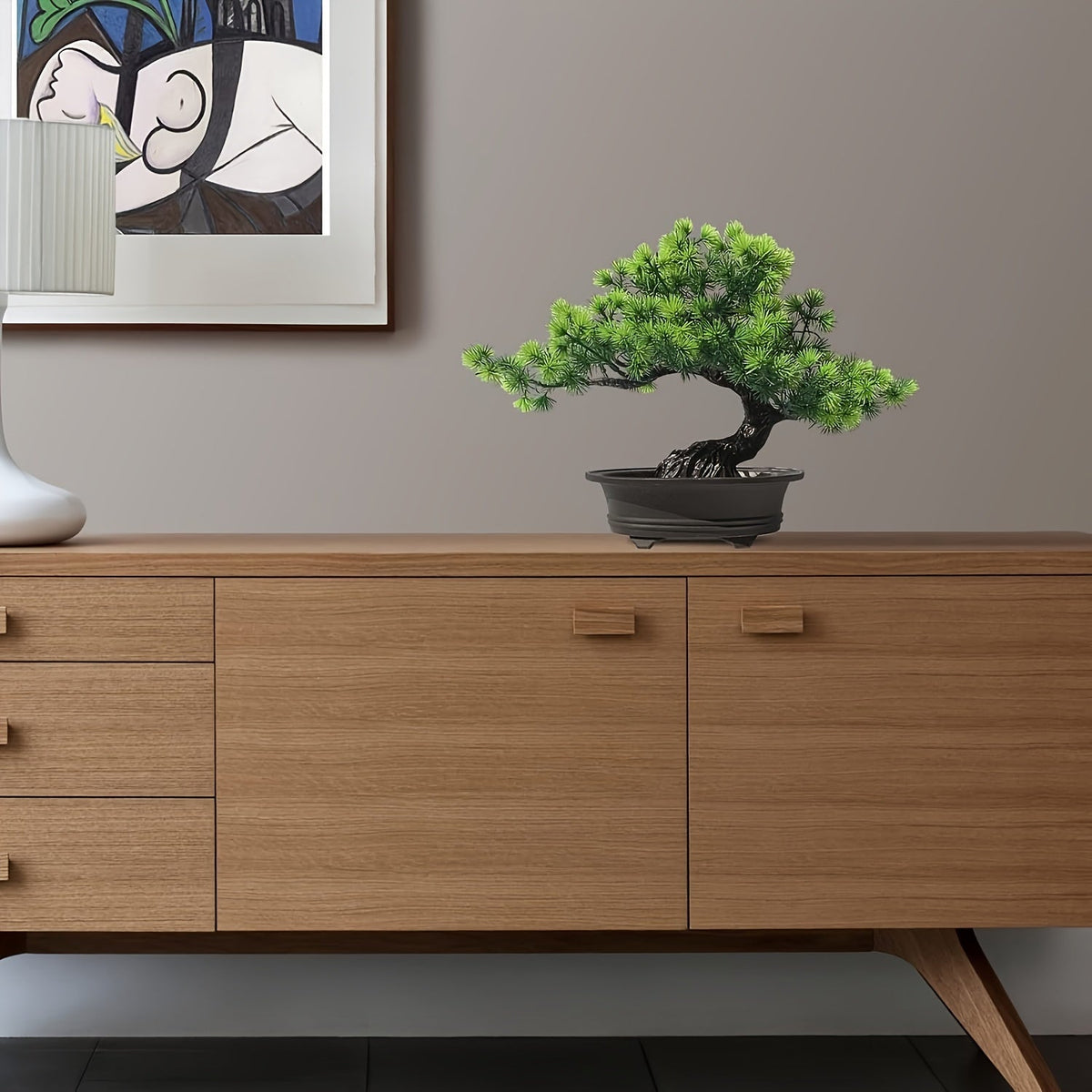 Bonsaï décoratif artificiel de 24 cm de haut avec pot noir, sans entretien, plante artificielle verte pour l’intérieur | Sulvida