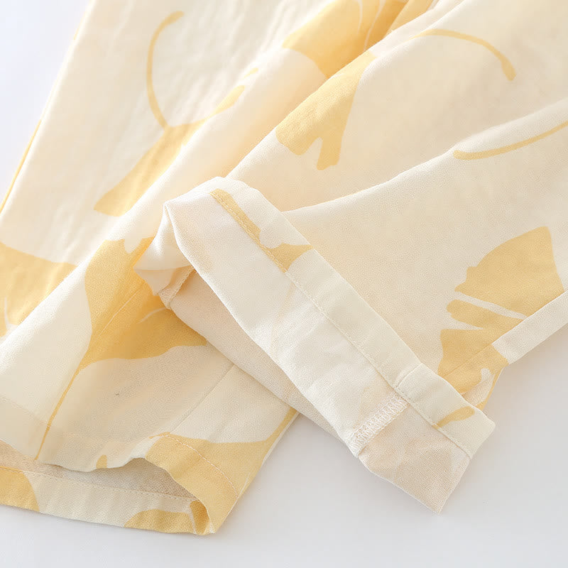Loungewear-set van katoen met ginkgo-bladmotief en strikdetail – comfortabele tweelaagse gazen pyjamaset met zakken voor dames, ideaal voor lente, zomer en herfst | Sulvida