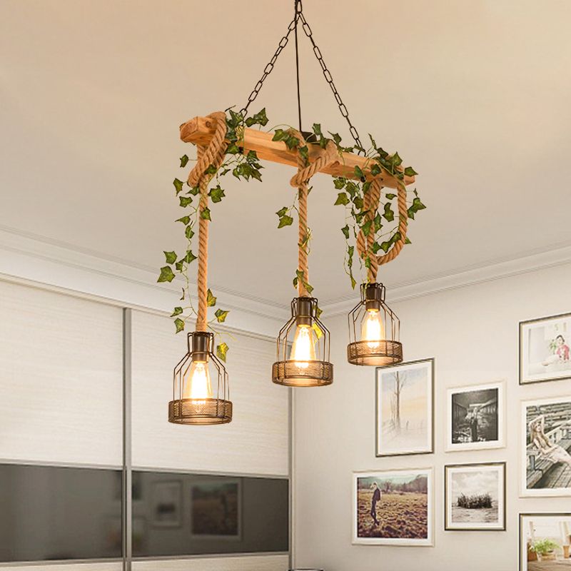 Landelijke Hanglamp met Houten Balk en Metalen Kooien 3 of 5 Lichtpunten voor Eetkamer Woonkamer Keuken | Sulvida