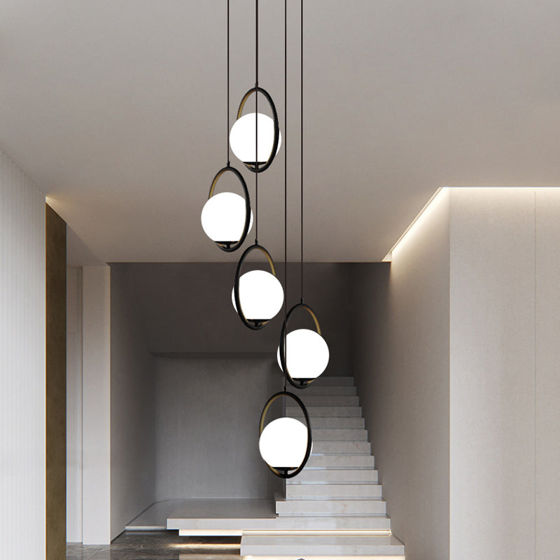 Glazen Bol Hanglamp Kroonluchter Metaal Zwart 5-6 Lichtpunten Moderne Trappenhuis Eetkamer Woonkamer Verlichting | Sulvida