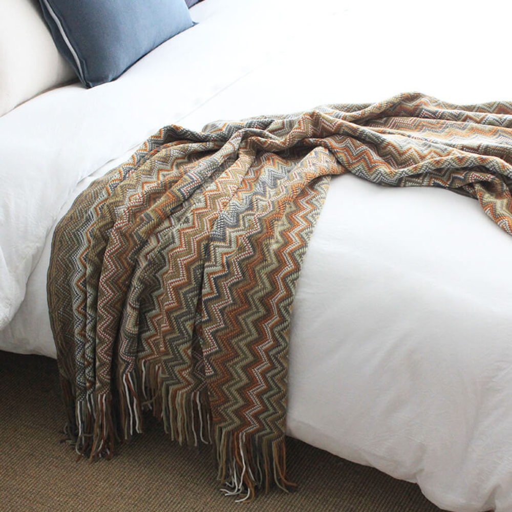Gebreide plaid met zigzag patroon en franje meerkleurig zacht acryl voor bank bed en decoratie woonkamer | Sulvida