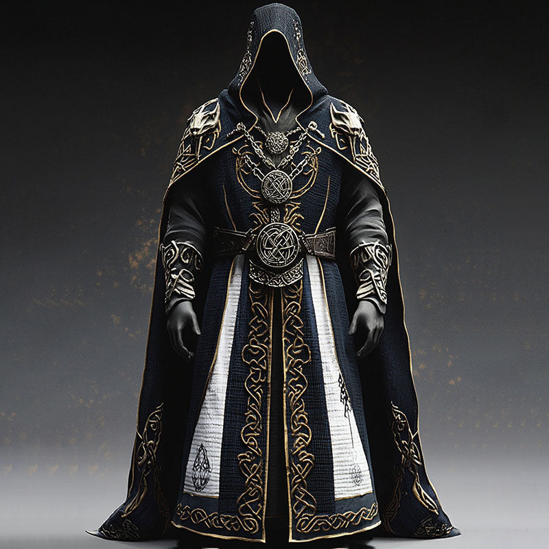 Costume médiéval avec broderies celtiques pour homme, manteau à capuche noir, Halloween, GN grandeur nature, cosplay, fête | Sulvida