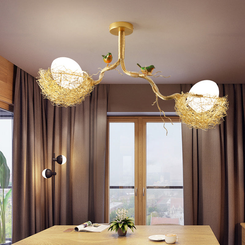 Hanglamp glazen bol met vogelnest goudkleurig melkwit 1 2 3 lichtpunten art deco eettafel kroonluchter | Sulvida