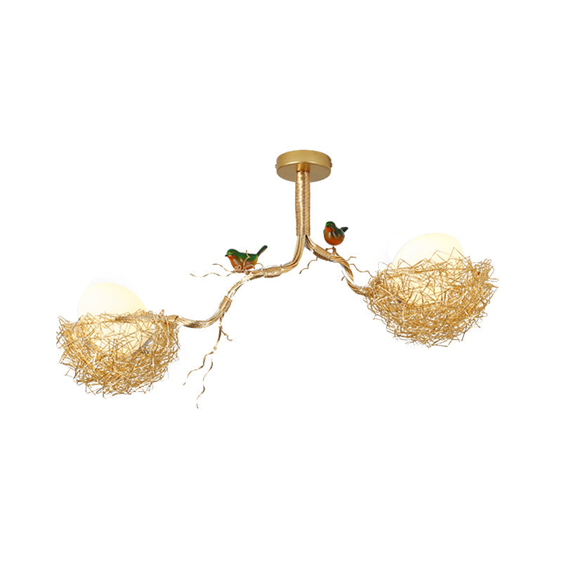 Hanglamp glazen bol met vogelnest goudkleurig melkwit 1 2 3 lichtpunten art deco eettafel kroonluchter | Sulvida