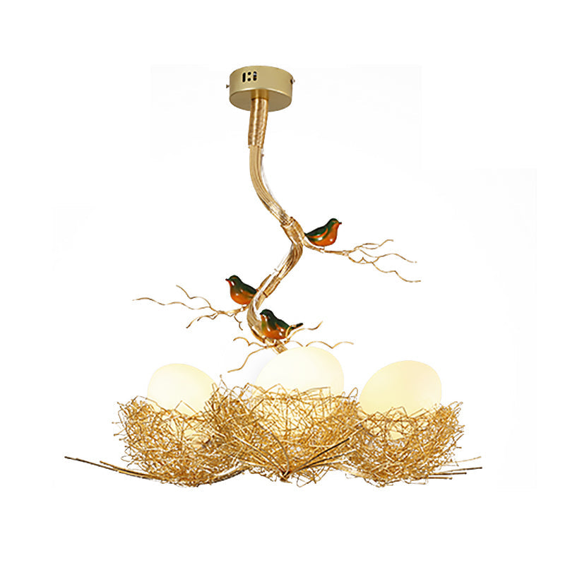 Hanglamp glazen bol met vogelnest goudkleurig melkwit 1 2 3 lichtpunten art deco eettafel kroonluchter | Sulvida