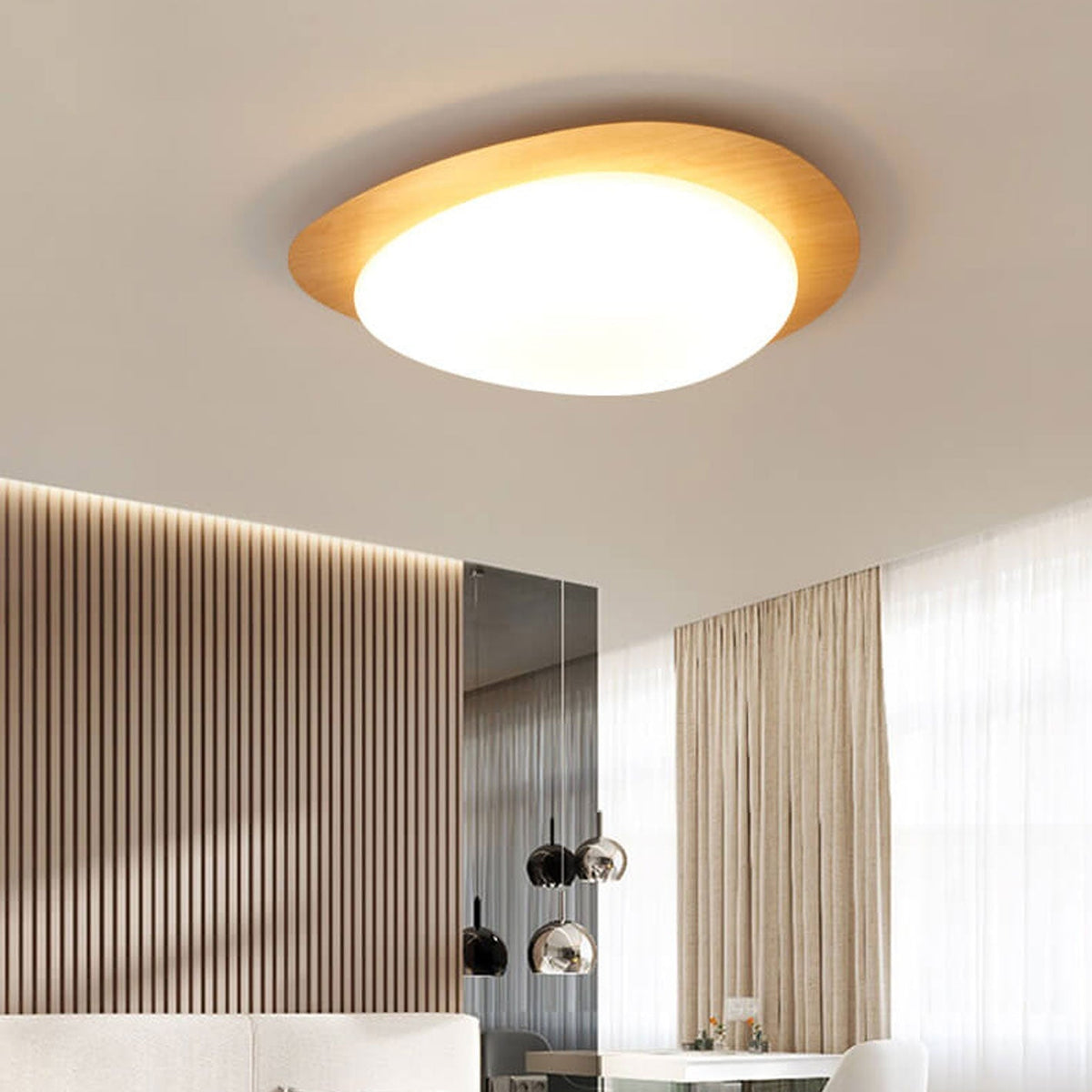 LED plafondlamp met houtafwerking ovaal Scandinavisch design dimbaar warm neutraal koel licht woonkamer | Sulvida