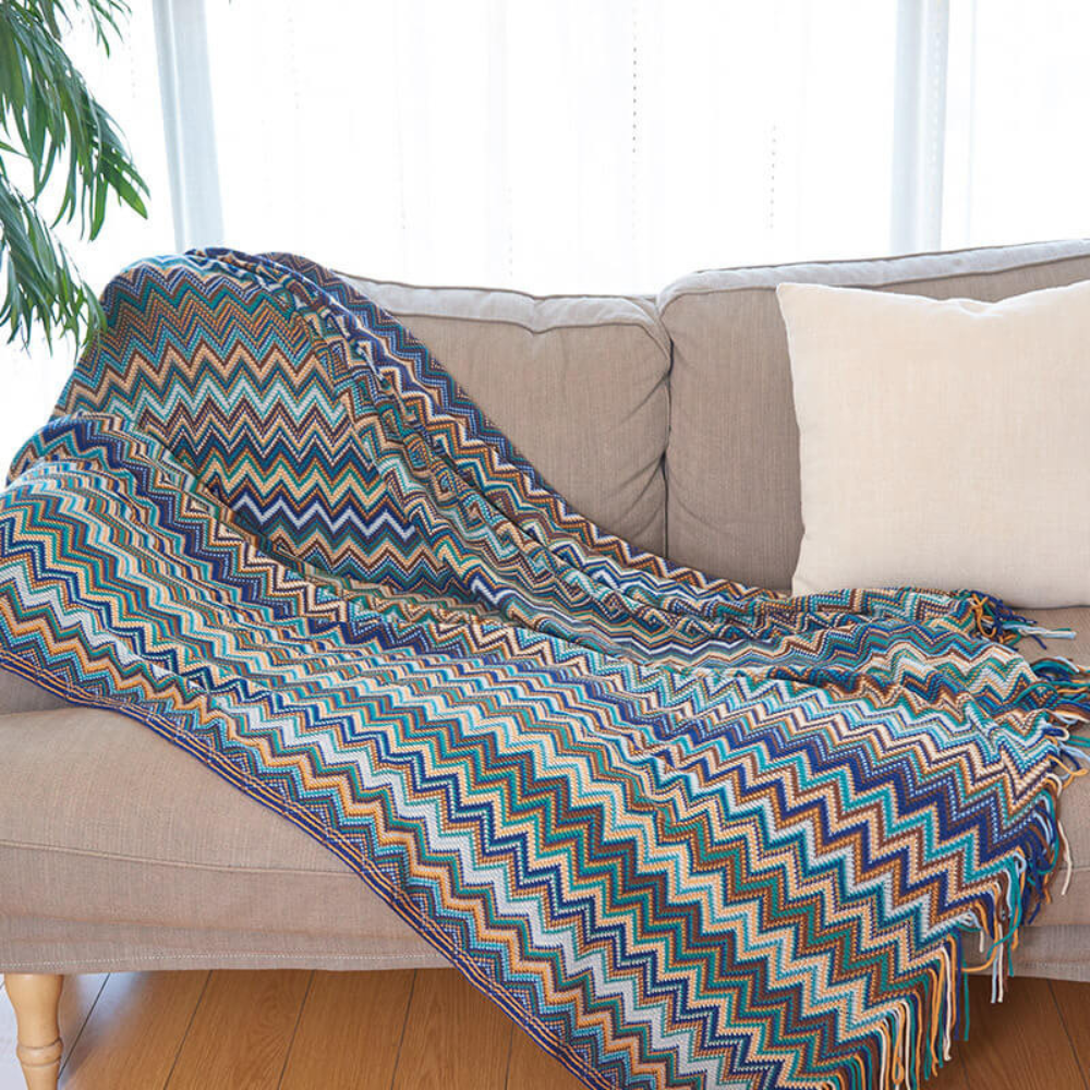 Gebreide plaid met zigzag patroon en franje meerkleurig zacht acryl voor bank bed en decoratie woonkamer | Sulvida