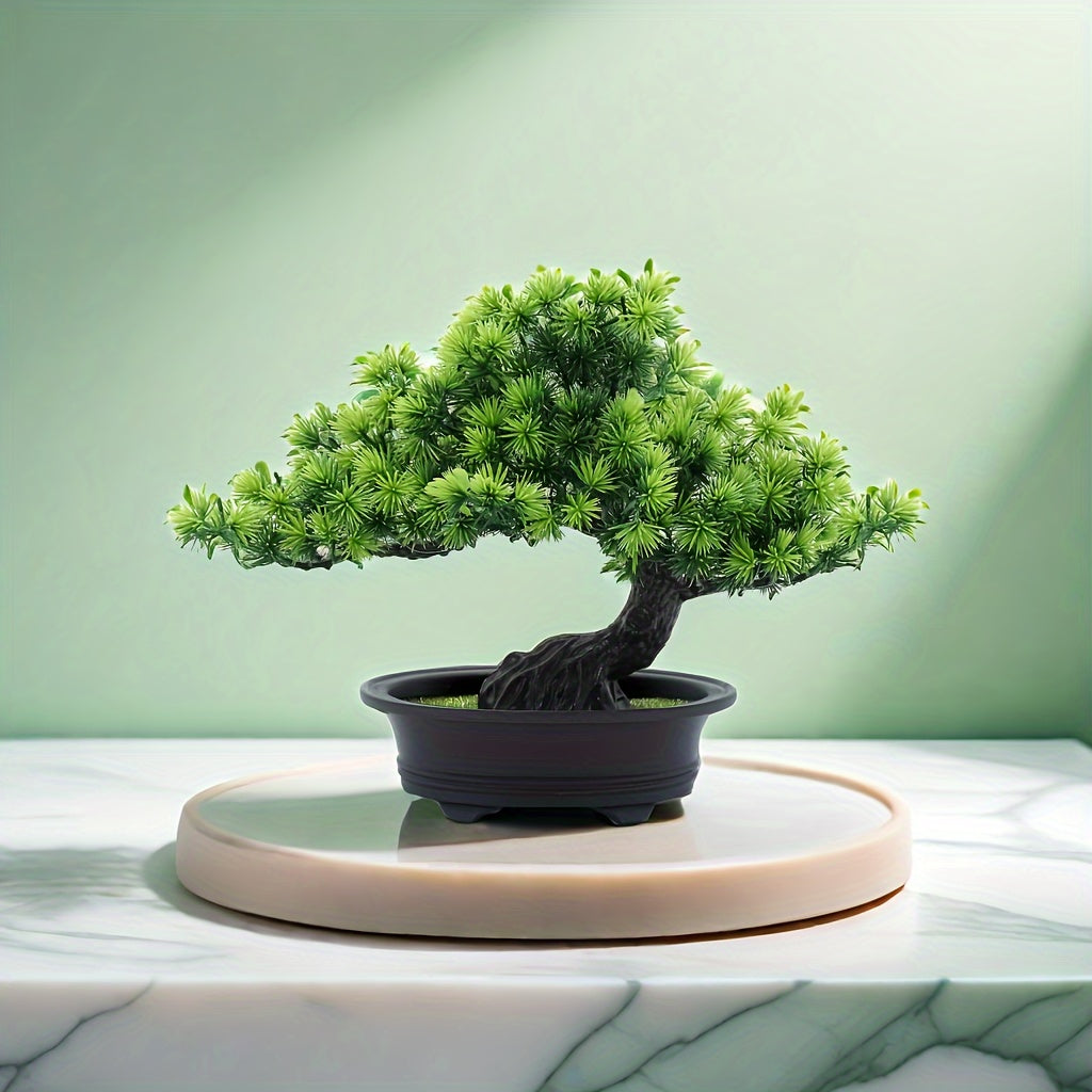Bonsaï décoratif artificiel de 24 cm de haut avec pot noir, sans entretien, plante artificielle verte pour l’intérieur | Sulvida