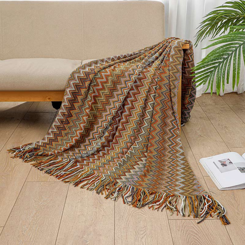Gebreide plaid met zigzag patroon en franje meerkleurig zacht acryl voor bank bed en decoratie woonkamer | Sulvida