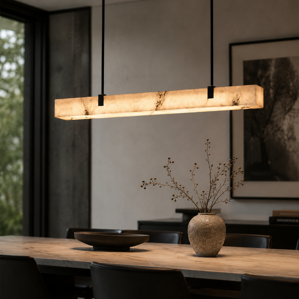 Lineare Pendelleuchte aus Marmor mit integrierter LED, Schwarz und Goldfarben, Warmweiß, für Kücheninsel und Esstisch | Sulvida