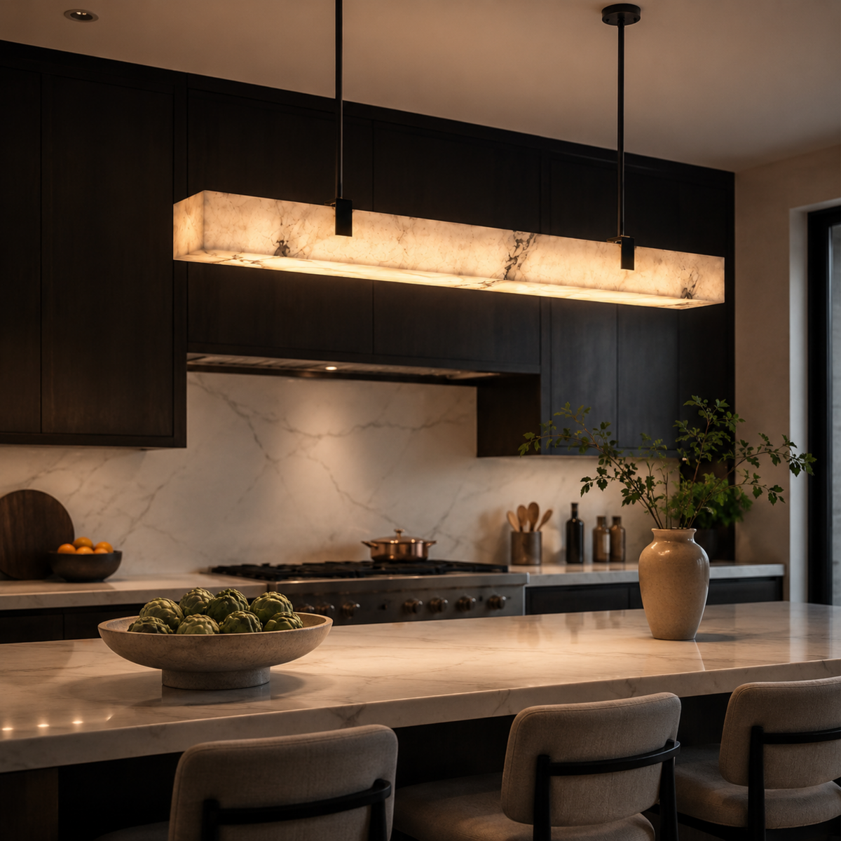 Lineare Pendelleuchte aus Marmor mit integrierter LED, Schwarz und Goldfarben, Warmweiß, für Kücheninsel und Esstisch | Sulvida