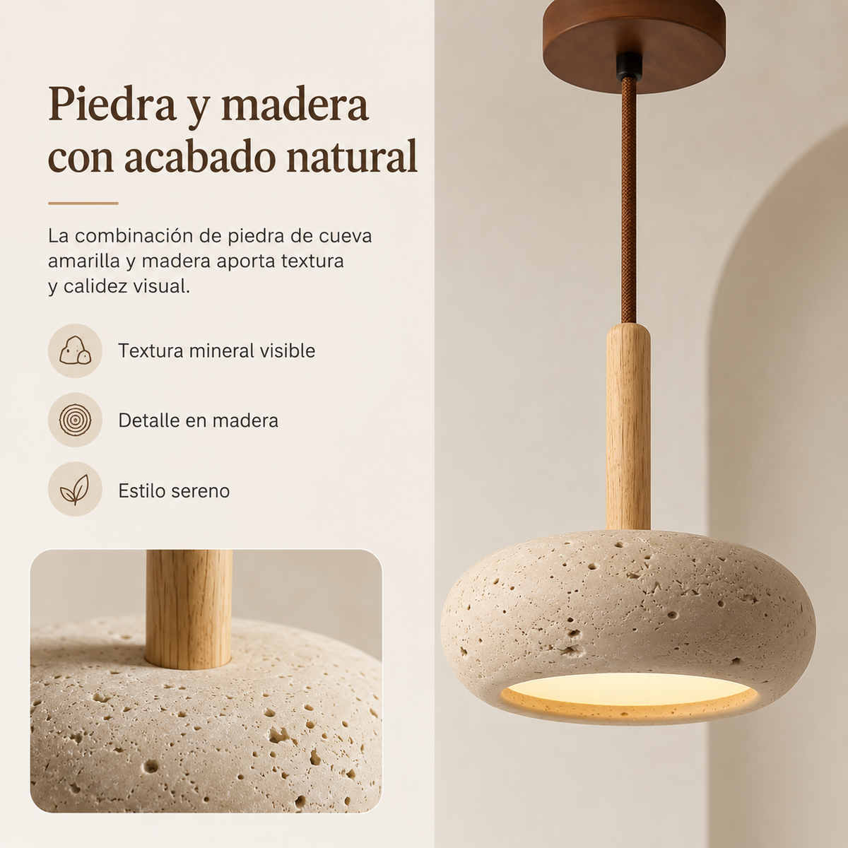 LED Hanglamp Japanse Stijl Houten Steen Kap Verstelbaar 15cm Warm Licht Natuurlijk Design Woonkamer Eetkamer | Sulvida