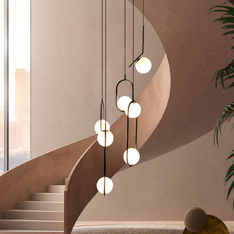 Glazen Bol Hanglamp Kroonluchter Metaal Zwart 5-6 Lichtpunten Moderne Trappenhuis Eetkamer Woonkamer Verlichting | Sulvida