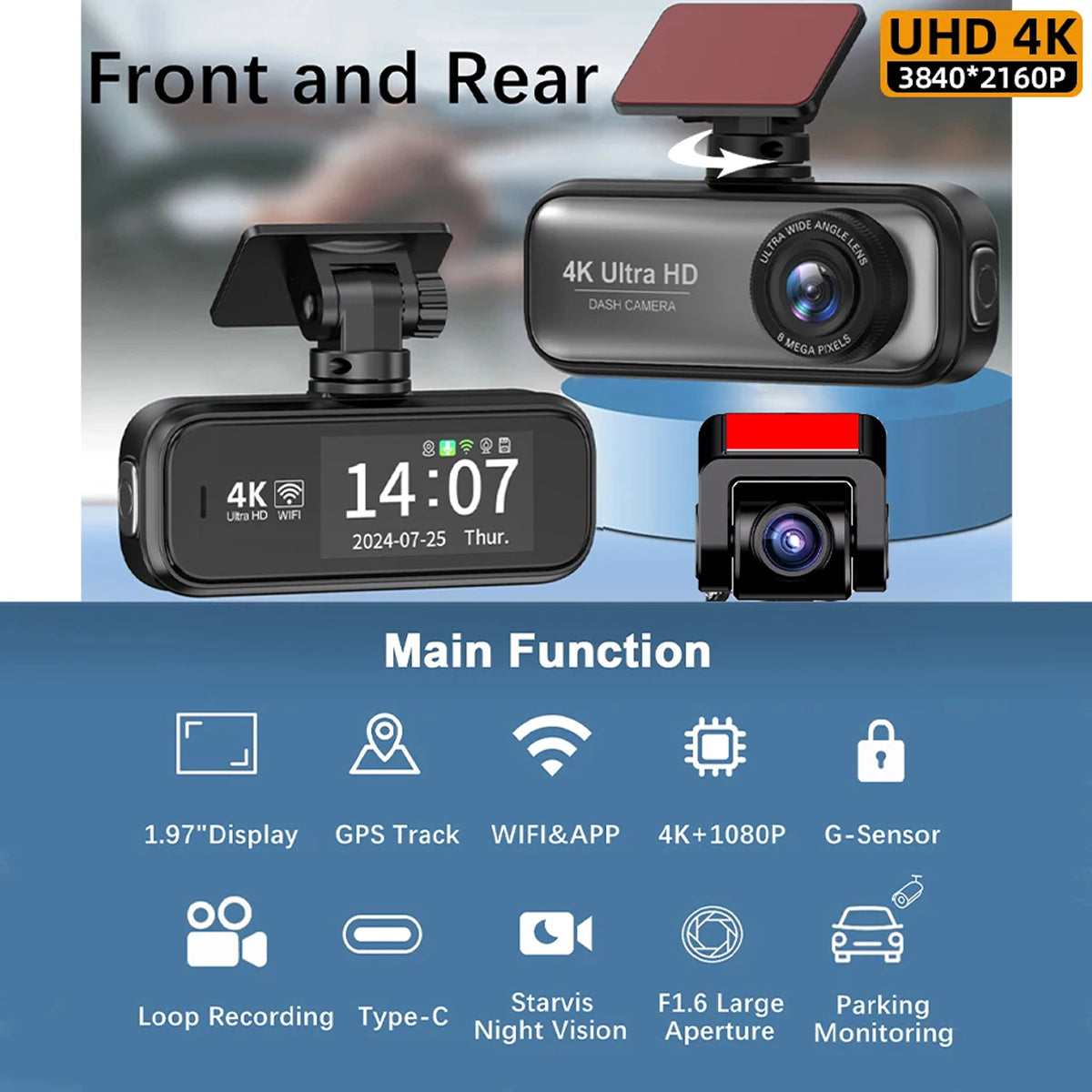 Dashcam 4K voor- en achter WiFi GPS 24/7 parkeerfunctie Sony-sensor nachtzicht dubbele camera auto dashboardcamera | Sulvida