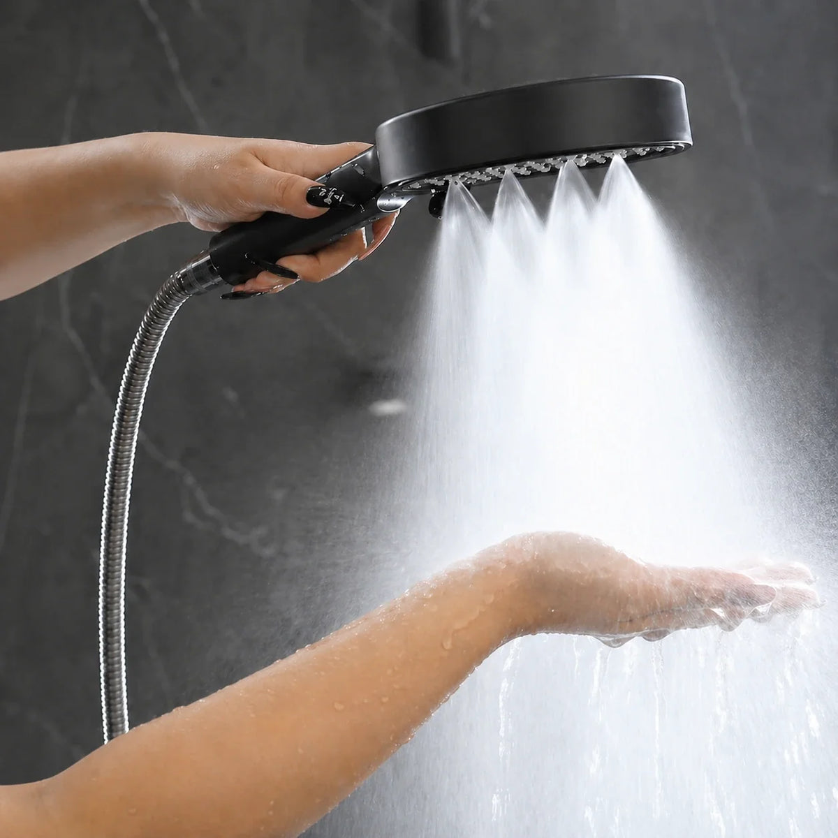 Handdouche met Zeven Standen Zwart Zilver Drukverhogend Verstelbaar Waterbesparend Douchekop Badkamer | Sulvida