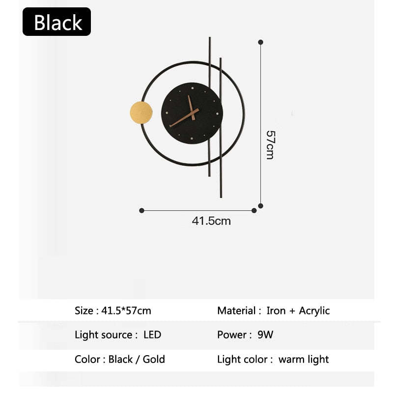 LED Wandlamp met Klok Zwart Goud Metaal Acryl Woonkamer Gang Studeerkamer Trap Modern Design Verlichting | Sulvida