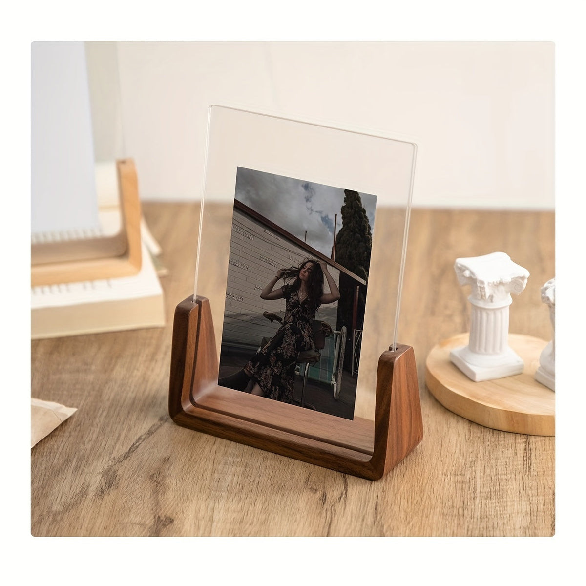 Fotolijst met U-vormige houder acryl en hout modern tijdloos design staand liggend 15 cm decoratief interieur | Sulvida