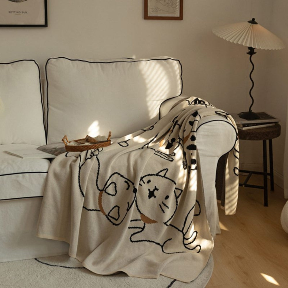 Katoenen Deken met Jacquard Kattenpatroon 130x170cm Zacht Ademend Pluisvrij Woonplaid Bankdeken Decoratief | Sulvida