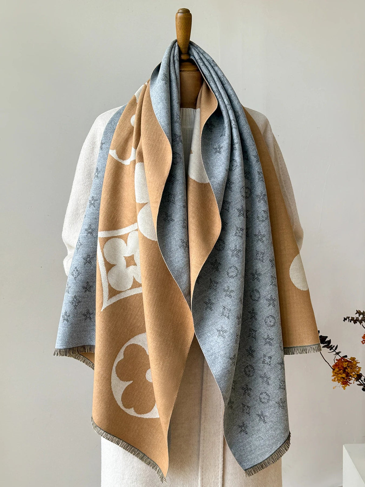 Sjaal Imitatie-Kasjmier Winter Heren Dames Jacquard Patroon Kaki Kameel Koffie 175 cm Warme Halsdoek Wintersjaal | Sulvida