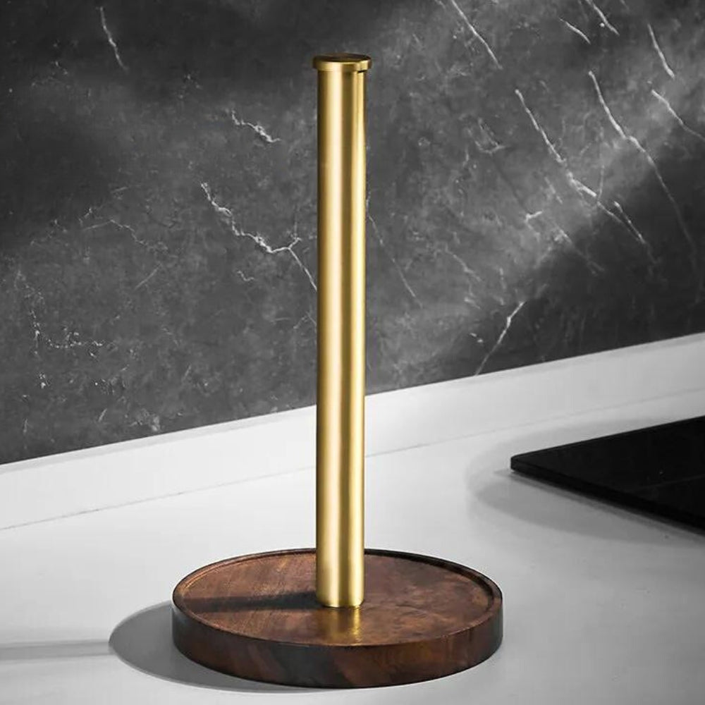 Keukenrolhouder Notenhout Geborsteld Messing Staand Design Handdoekhouder Keukenaccessoire Luxe Keuken | Sulvida