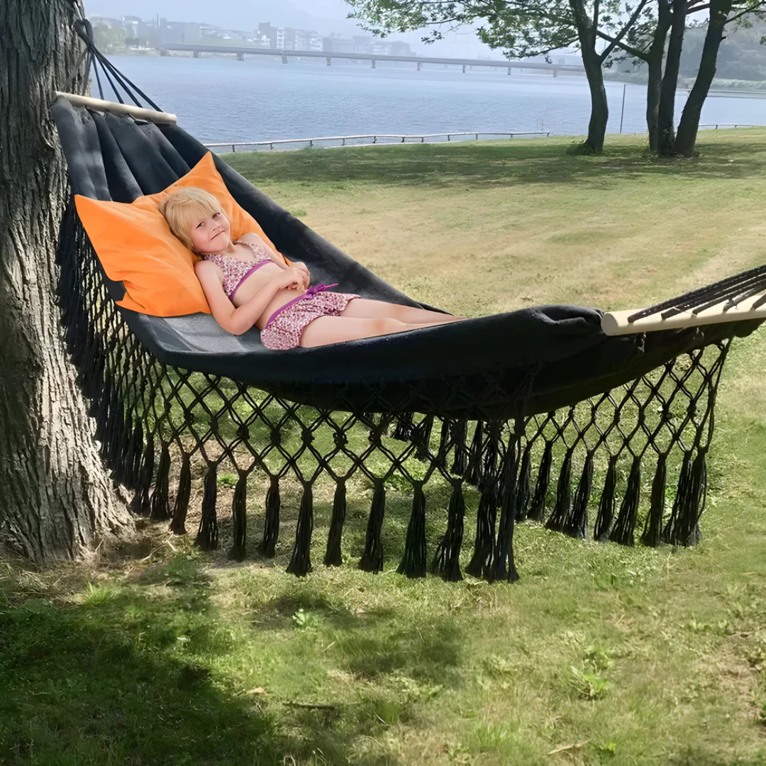 Hamac bohème en coton, réglable et stable, avec barres en bois, jusqu’à 200 kg, pour l’extérieur, idéal pour se détendre au jardin en été | Sulvida