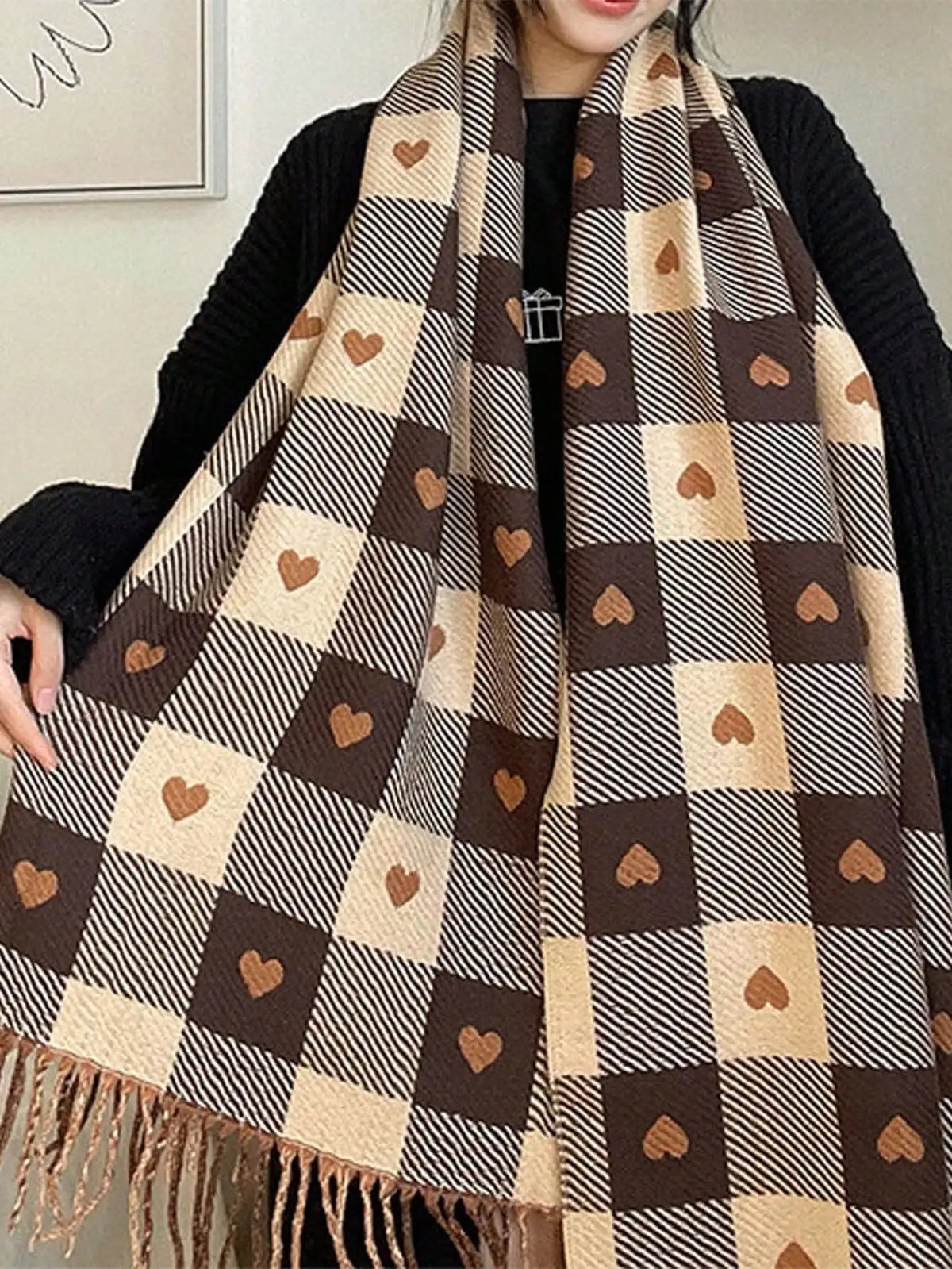 Geruit Wintersjaal Roze Bruin Blauw Hart Checkered Patroon Shawl Omslagdoek Dames Mode Accessoire Warm | Sulvida